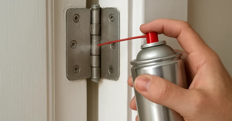 hand spraying lubricant onto a door hinge with a spray-can straw nozzle
