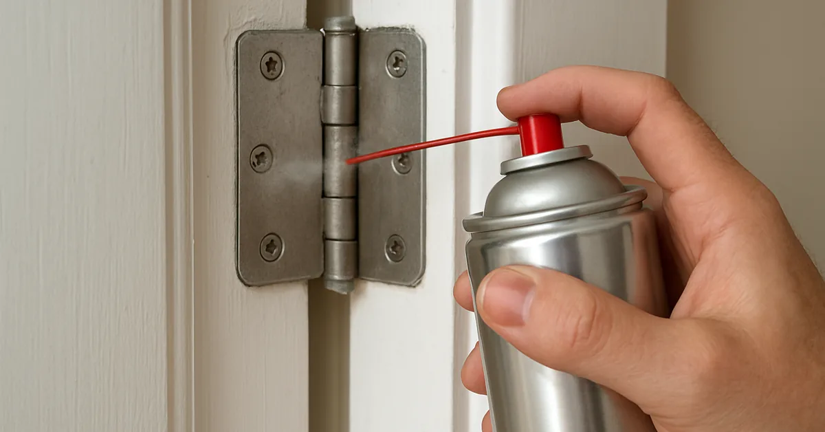 hand spraying lubricant onto a door hinge with a spray-can straw nozzle