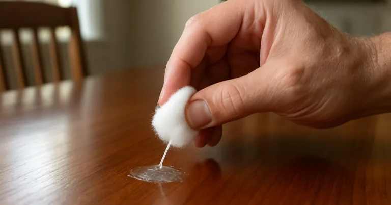 hand dabbing a cotton ball on a dried super glue spot on a wood table