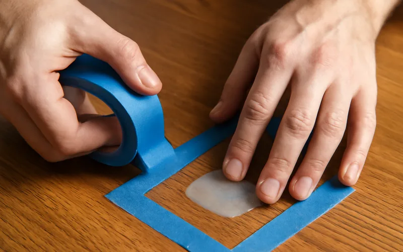 hands taping off a glue spot on a wood table before cleaning hands taping off a glue spot on a wood table before cleaning