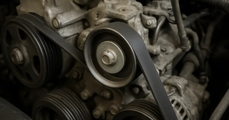 serpentine belt routed over a tensioner pulley inside a car engine bay