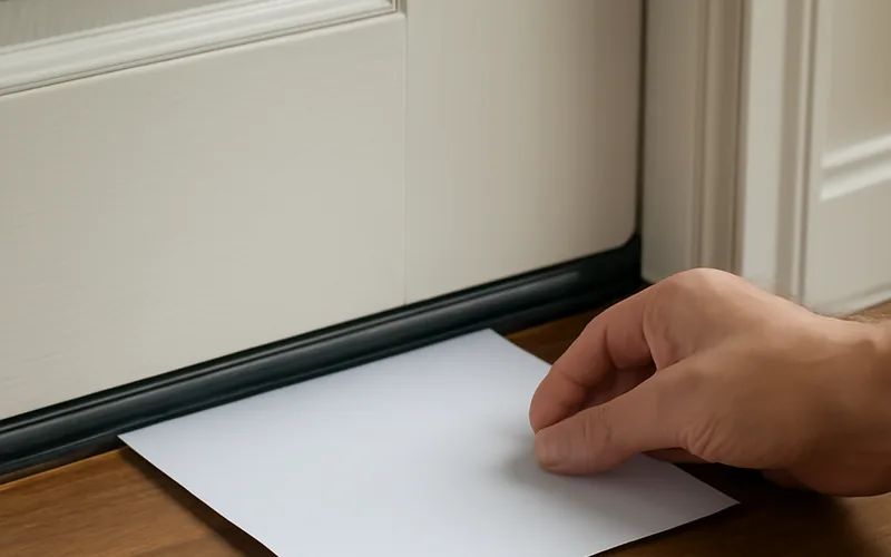 sliding a sheet of paper under a closed door to test how snug the threshold seal fits sliding a sheet of paper under a closed door to test how snug the threshold seal fits
