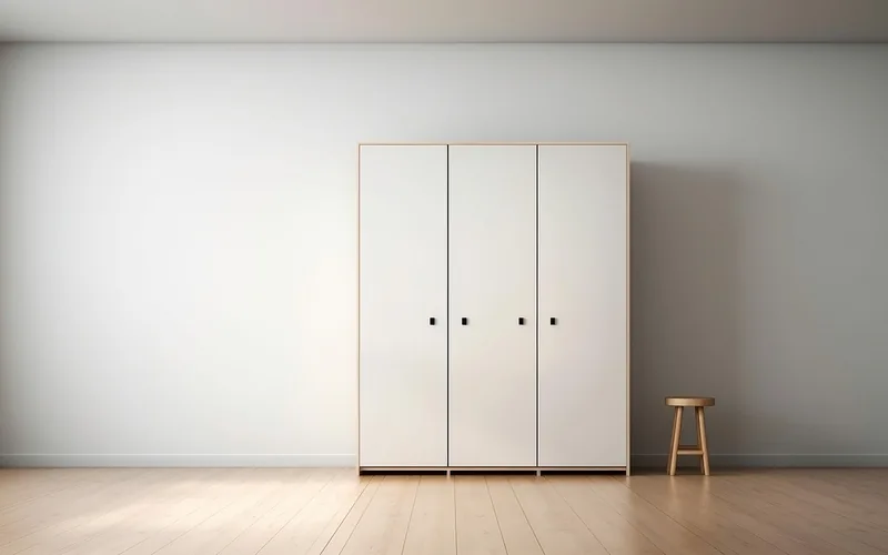 Freestanding white wardrobe with three panel doors and small black knobs at consistent height Freestanding white wardrobe with three panel doors and small black knobs at consistent height