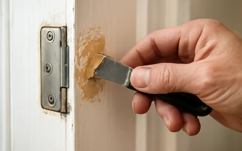 hand pressing wood filler into a stripped door hinge screw hole