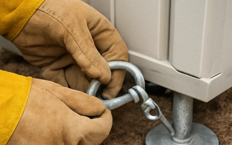gloved hands attaching a metal cable to a ground anchor at the base of a shed