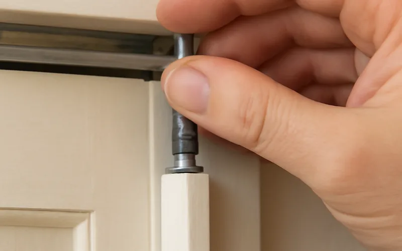 hand releasing a bifold closet door spring-loaded pivot pin from the top track