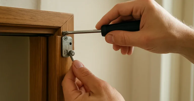 hands using a screwdriver to adjust a pivot bracket at the top corner of a wooden bifold door