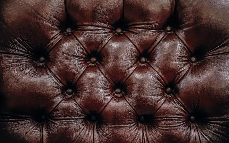 close-up of tufted brown leather upholstery texture showing the grain and stitching