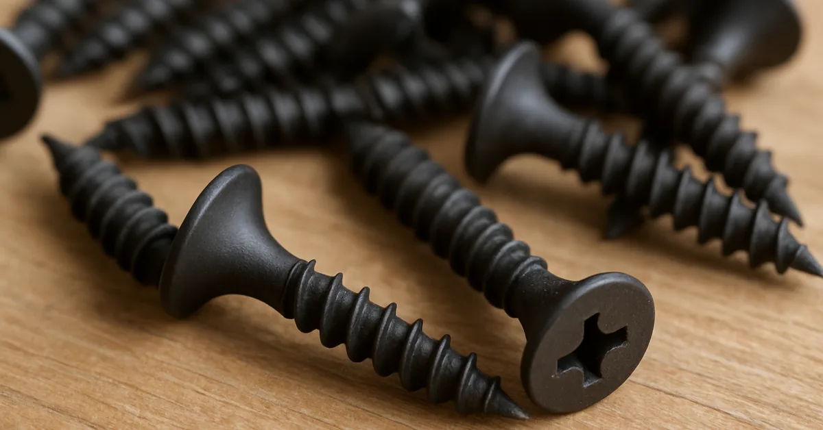 Black bugle-head drywall screws showing their smooth curved countersunk head