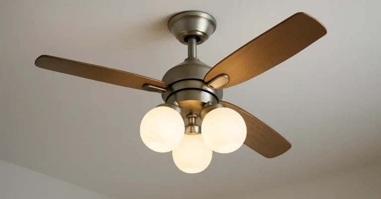 Modern ceiling fan with three-globe light kit glowing warm white on a bedroom ceiling