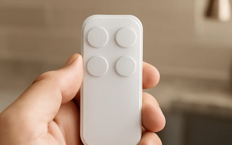 hand holding a small white ceiling fan remote control near a kitchen counter
