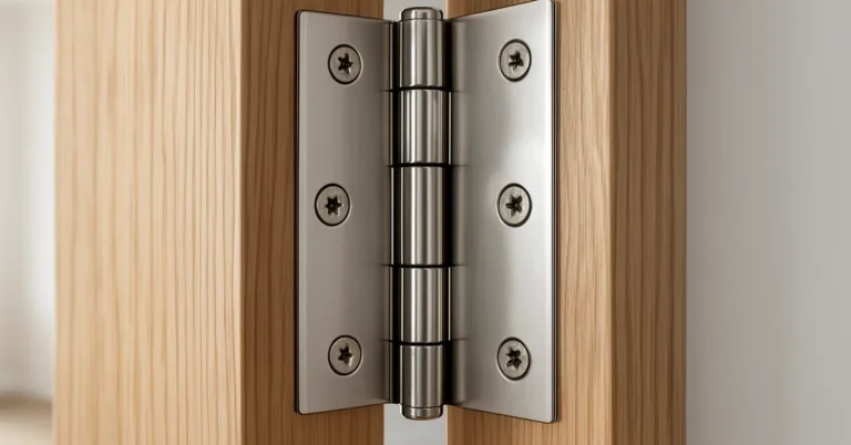 Close-up of a door hinge showing the leaf, knuckle, and pin that let a door pivot