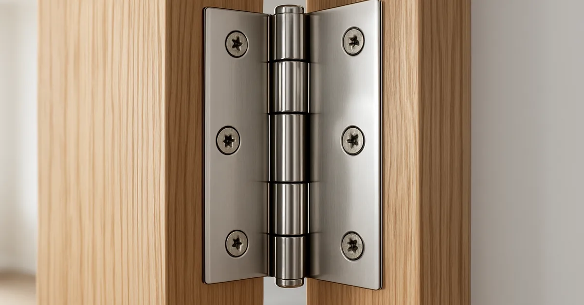 Close-up of a door hinge showing the leaf, knuckle, and pin that let a door pivot