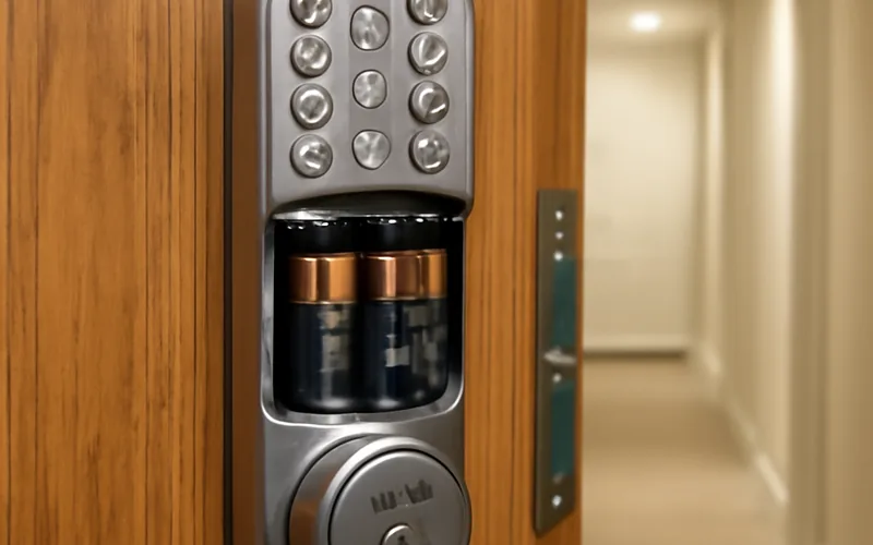 open battery compartment of an electronic deadbolt with AA batteries visible