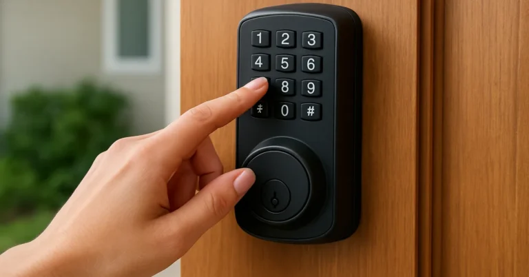hand entering a code on an electronic keypad deadbolt lock on a front door
