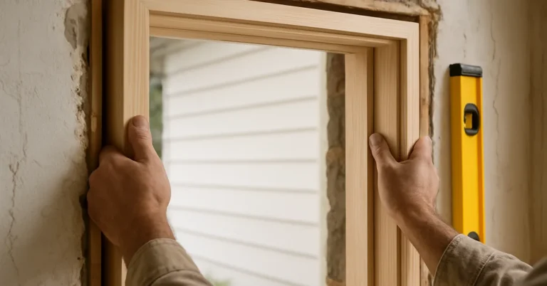 carpenter fitting a new wooden exterior door frame into a rough wall opening with a level nearby