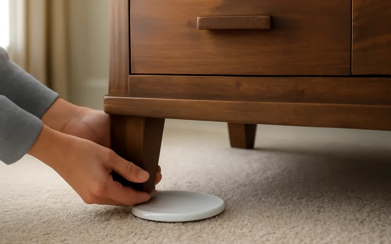 Hands tilting a dresser leg to slip a round furniture slider pad underneath on carpet
