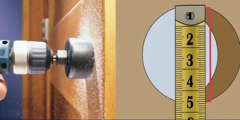 Hole saw drilling a 2 1/8-inch bore hole in a door with a diameter measurement diagram
