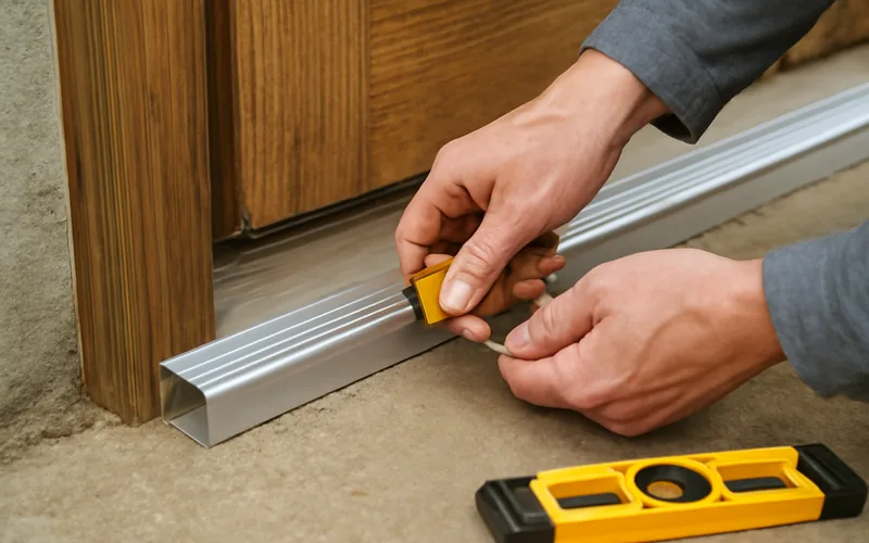 hands installing an aluminum threshold at the base of an exterior wood door frame with a level tool nearby