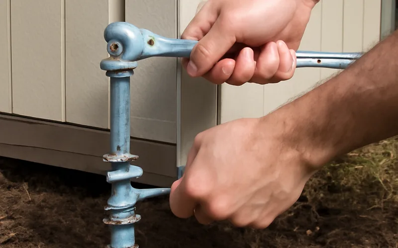 twisting a metal auger ground anchor into soil next to a storage shed corner with a wrench