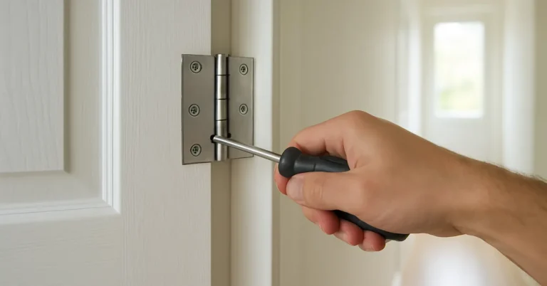 hand using a screwdriver to adjust a door hinge on a white interior door in a hallway