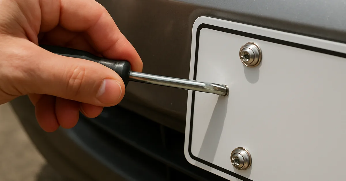 Stainless steel license plate fastener screws being installed on a car bumper