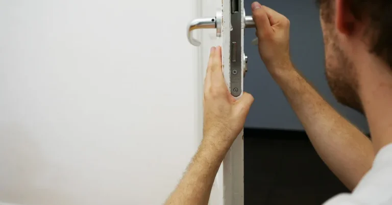 locksmith adjusting a door lock mechanism by hand during a rekeying job