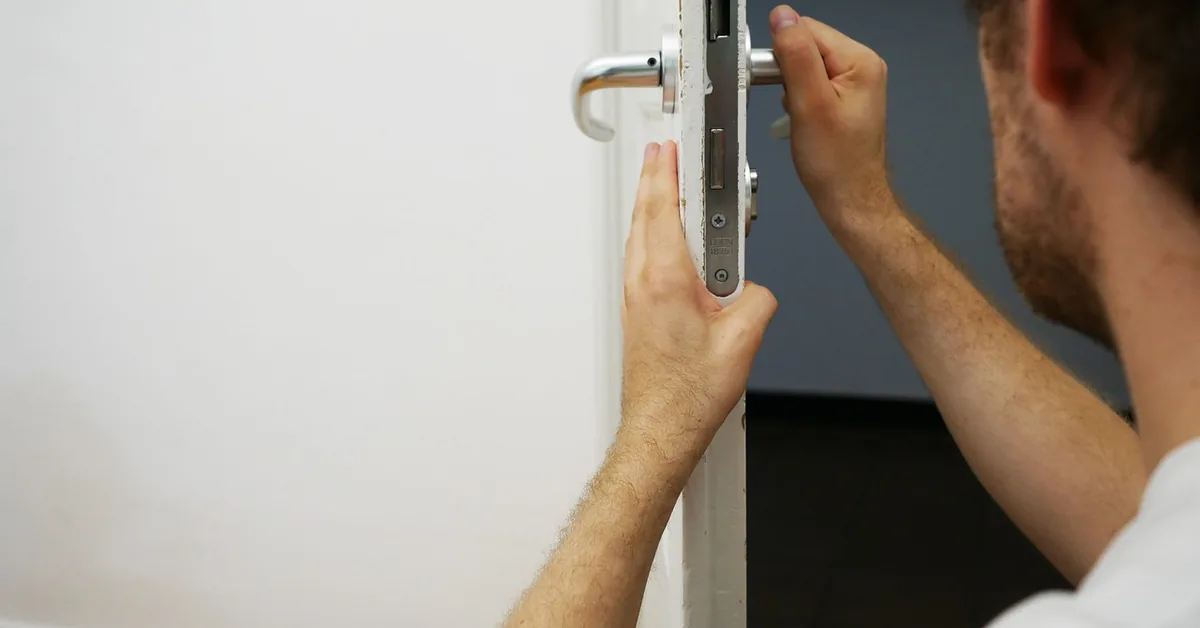 locksmith adjusting a door lock mechanism by hand during a rekeying job