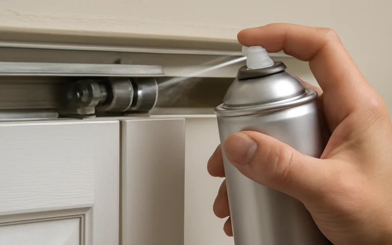 applying lubricant spray to a bifold closet door track and roller mechanism applying lubricant spray to a bifold closet door track and roller mechanism