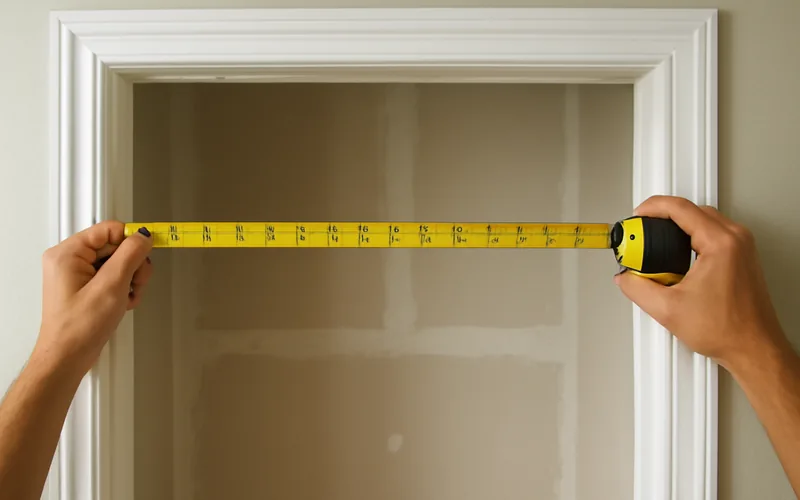 hands stretching a tape measure across a closet opening to measure for a bifold door hands stretching a tape measure across a closet opening to measure for a bifold door