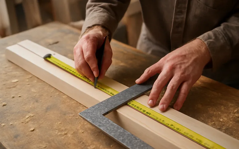 carpenter measuring and marking a wooden door jamb board with a tape measure and framing square