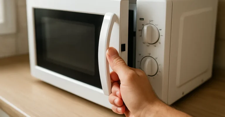Hand opening a countertop microwave door, showing the latch and hinge area