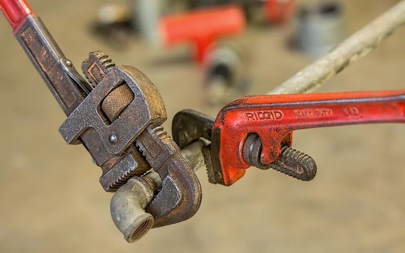 Two pipe wrenches gripping a threaded pipe fitting during sink disconnection Two pipe wrenches gripping a threaded pipe fitting during sink disconnection