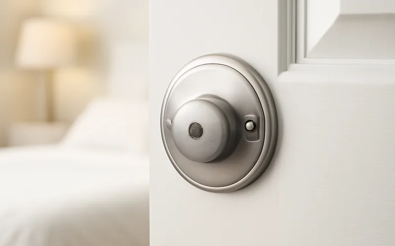 close-up of a privacy lockset knob showing the small emergency release hole close-up of a privacy lockset knob showing the small emergency release hole