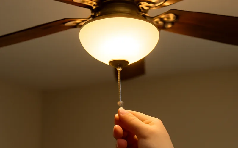 Hand pulling a pull chain on a ceiling fan light