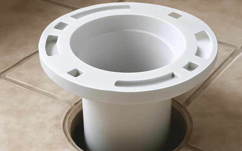 Dry-fitting a PVC toilet flange into the drain pipe before gluing