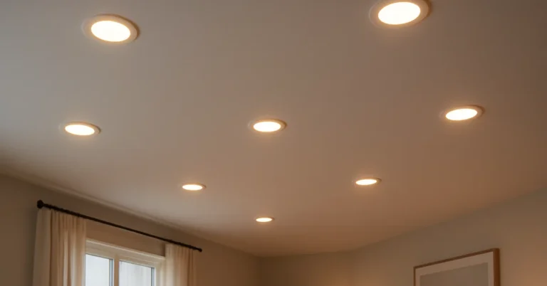 Several round recessed can lights glowing warmly in a flush white ceiling