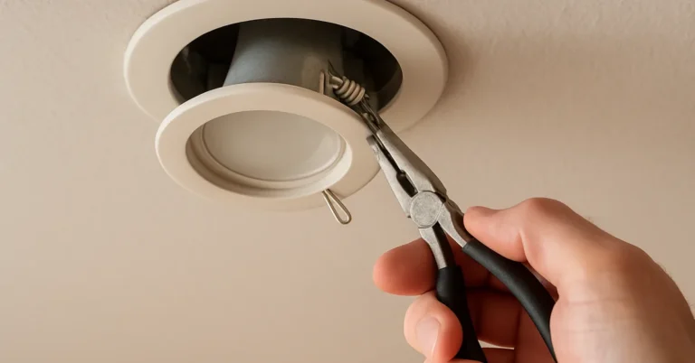 Hand using needle-nose pliers to adjust a spring clip on a recessed light fixture pulled down from the ceiling