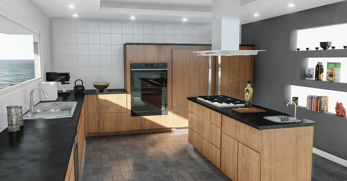 Recessed lighting layout installed in a modern kitchen ceiling