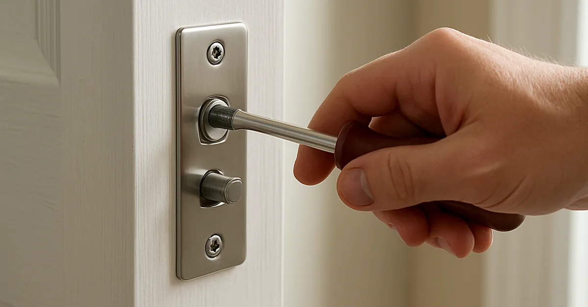 Hand using a Phillips screwdriver to remove mounting screws from a door hardware faceplate
