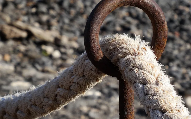 rope tied to a metal tent stake ring, the same knot used to anchor a tarp tent