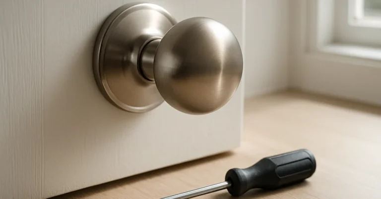satin nickel interior door knob with a screwdriver ready for removal