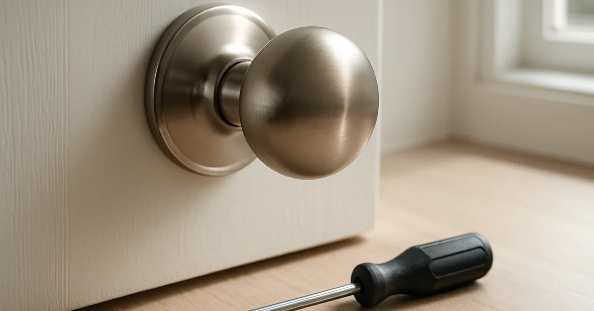 satin nickel interior door knob with a screwdriver ready for removal