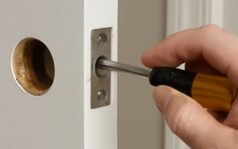 screwdriver pushing back a door latch mechanism next to an empty doorknob hole screwdriver pushing back a door latch mechanism next to an empty doorknob hole