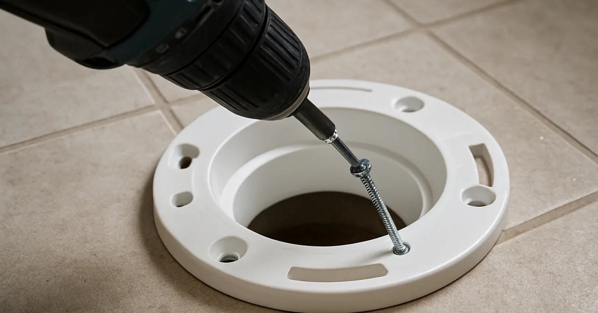 Screwing a new PVC toilet flange to the bathroom floor
