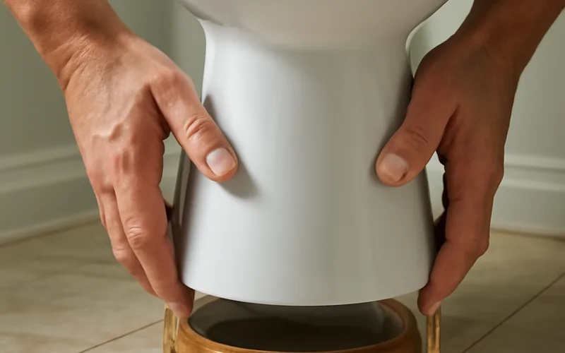 Lowering a toilet bowl onto the wax ring and closet bolts