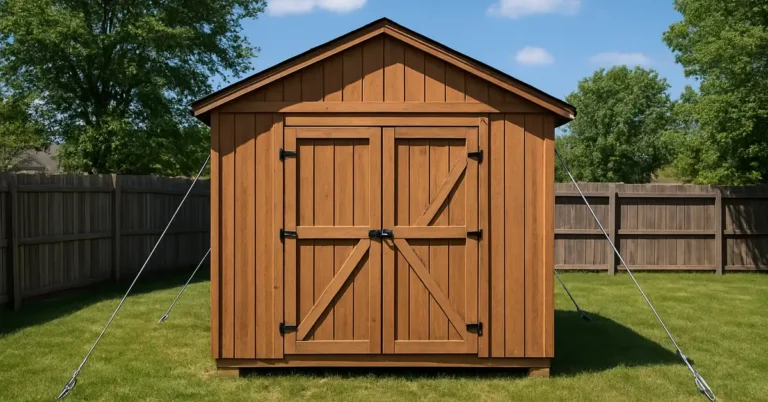 small storage shed anchored to the ground with metal tie-down cables at each corner