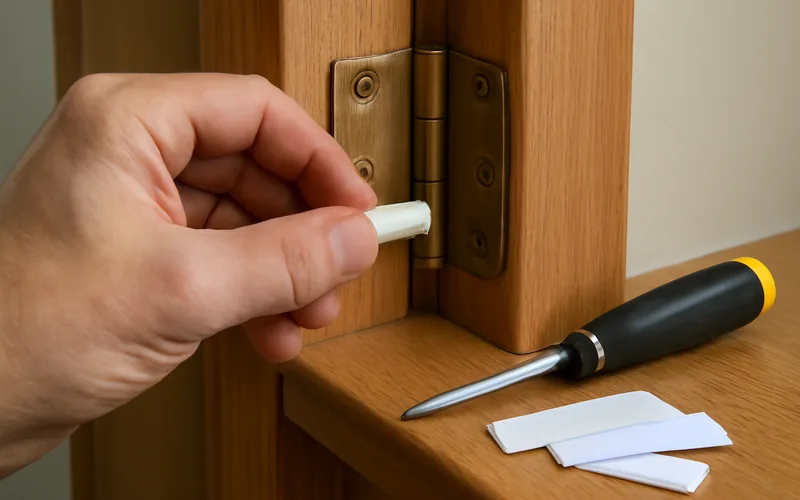 hand placing a thin plastic shim behind a door hinge plate on a wooden door frame