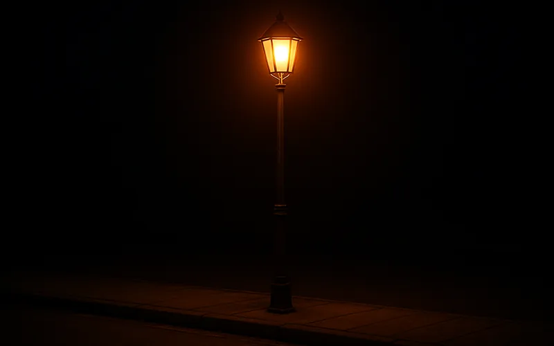 a single street lamp glowing warm amber-orange against a dark night sky
