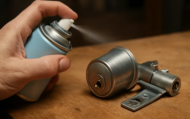Hand spraying lubricant onto a disassembled metal deadbolt cylinder and latch mechanism Hand spraying lubricant onto a disassembled metal deadbolt cylinder and latch mechanism